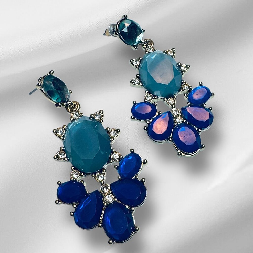 Statement Dangling Pierced Earrings Silver Tone Blue and Teal Stones